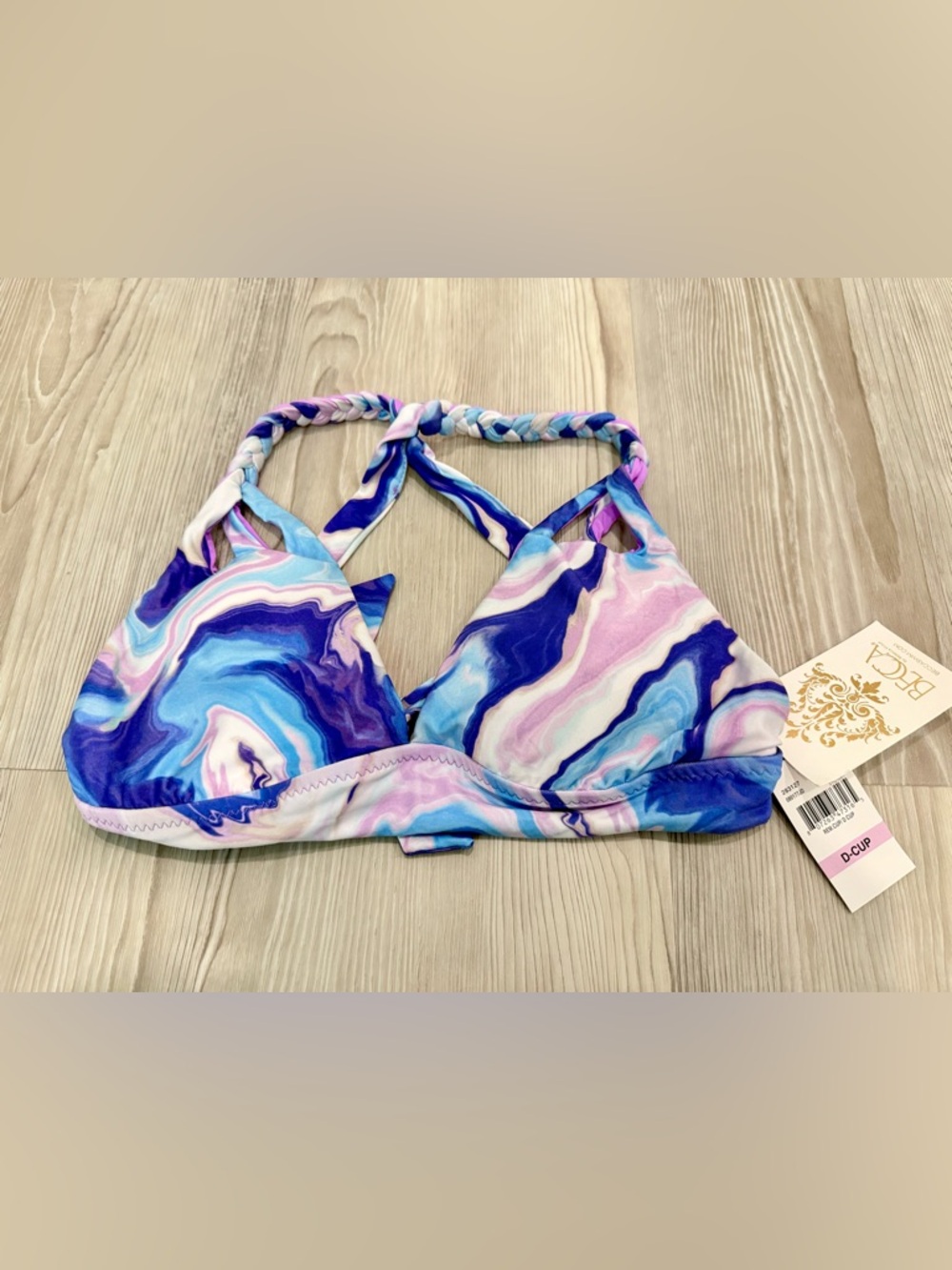 NWT BECCA Marble Print Twist-Back Bikini Top in Blue, Pink, Purple. D-cup